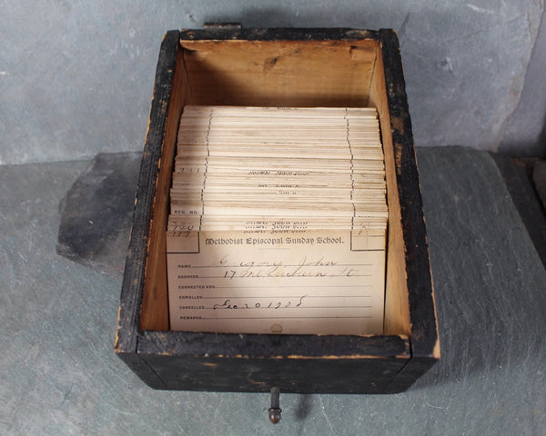 Early 1900s St. John's Methodist Episcopal Sunday School Registration Cards in Wooden Card Box | Turn of the Century Ephemera | Bixley Shop