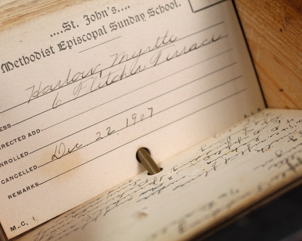 Early 1900s St. John's Methodist Episcopal Sunday School Registration Cards in Wooden Card Box | Turn of the Century Ephemera | Bixley Shop