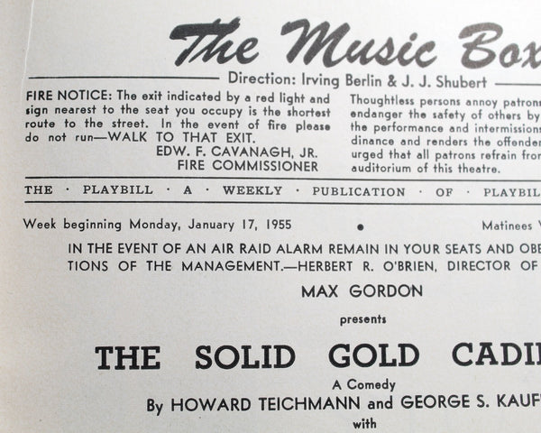 RARE! 1955 Solid Gold Cadillac Broadway Playbill | Music Box Theatre | January 17, 1955 | George S. Kaufman | Vintage Broadway Memorabilia