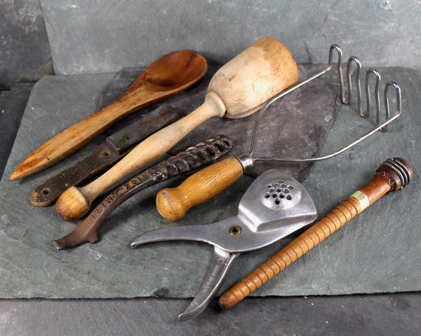 Set of 7 Antique Kitchen Tools | Wooden Masher, Garlic Press, Bottle Opener, File, Wooden Spoon, Metal Masher, Spindle | Vintage Kitchen