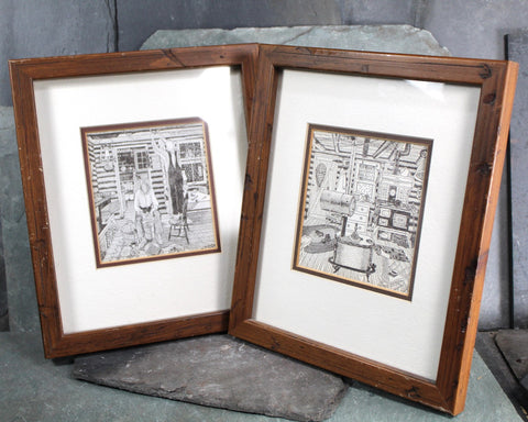 Set of 2 Framed Vintage Original Lithographs | Bob Snider Line Drawings | Nova Scotia Artist | Made in Canada | Handmade Paper