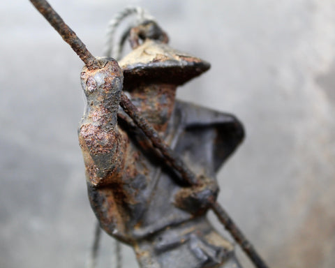 Antique Cast Iron Figure | Asian Fisherman with Pole | Fisherman on Wooden Plank | Distressed Cast Iron Hanging Figurine