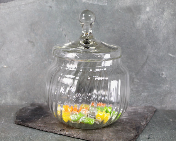 Vintage Glass Pumpkin-Shaped Candy Jar | Clear Glass Lidded Cookie Jar | Circa 1970s