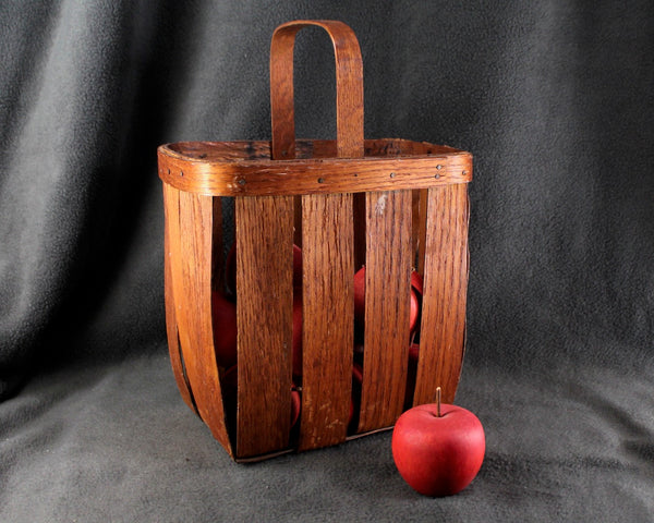 Vintage Slat Wood Tall Basket with Handle | Open Slat Basket | Unusual Shape - Tall Rectangular | Fruit Basket