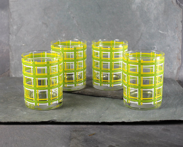 Set of 4 Vintage Mid-Century Old Fashioned Glasses | 12 Oz Glasses | Green Yellow & White Plaid Patterned Low Ball Glasses | Rocks Glasses