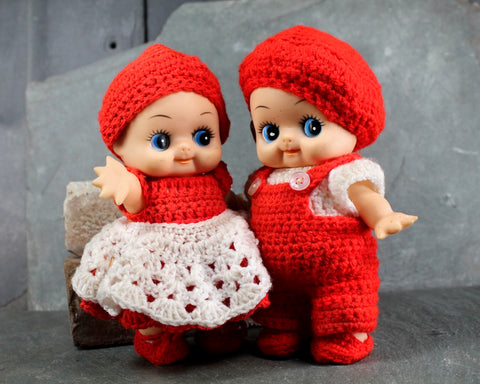 Christmas Baby Dolls | Set of 2 Twin Baby Dolls with Hand-Crocheted Red & White Christmas Outfits | Circa 1970s | Bixley Shop