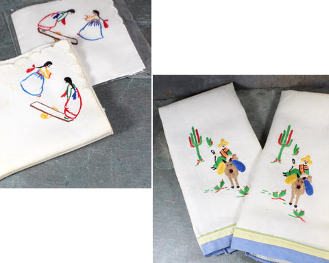 Set of 2 Vintage Embroidered Handkerchiefs and 2 Embroidered Napkins | Native American Designs | Vintage Linens | Bixley Shop