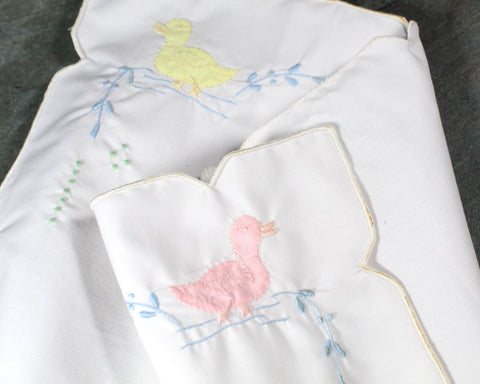 Vintage Embroidered Cotton Pillow Sham | Vintage Nursery Pillow with Yellow & Pink Ducks | Vintage Linens | Bixley Shop