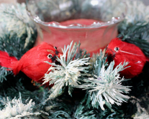 1960s Christmas Cardinal & Holiday Greens Candle Decoration | Vintage Dime Store Christmas Decor | Mid-Century Christmas | Bixley Shop