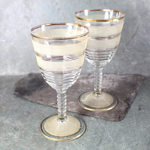 Mid-Century Wine Glasses | Frosted Textured Stripes with Gold Accents | Fabulous Barware | Set of 2 Wine Glasses | Bixley Shop