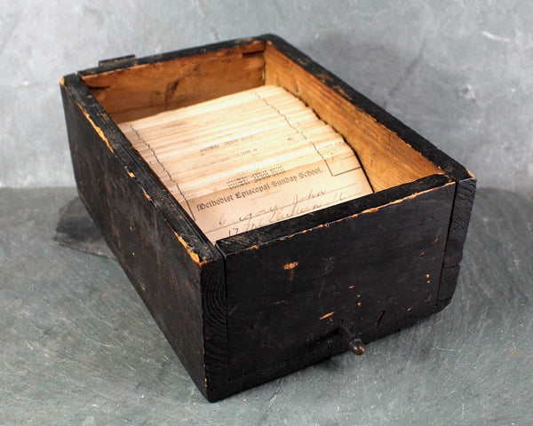 Early 1900s St. John's Methodist Episcopal Sunday School Registration Cards in Wooden Card Box | Turn of the Century Ephemera | Bixley Shop