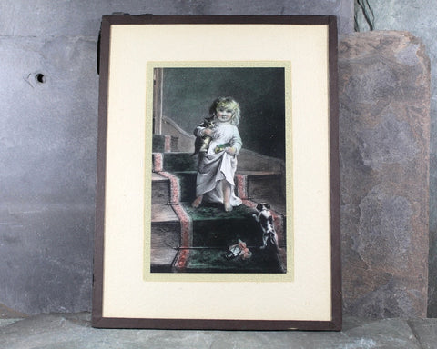 RARE Antique M.T. Sheahan "Framed" Postcard | Little Girl with Kitten and Puppy | Mounted Under Glass 8.5"x6.5" | Bixley Shop