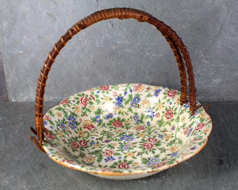 Antique Japanese Ceramic Bowl with Rattan Handle | Floral Porcelain Bowl with Wicker Handle | Bixley Shop
