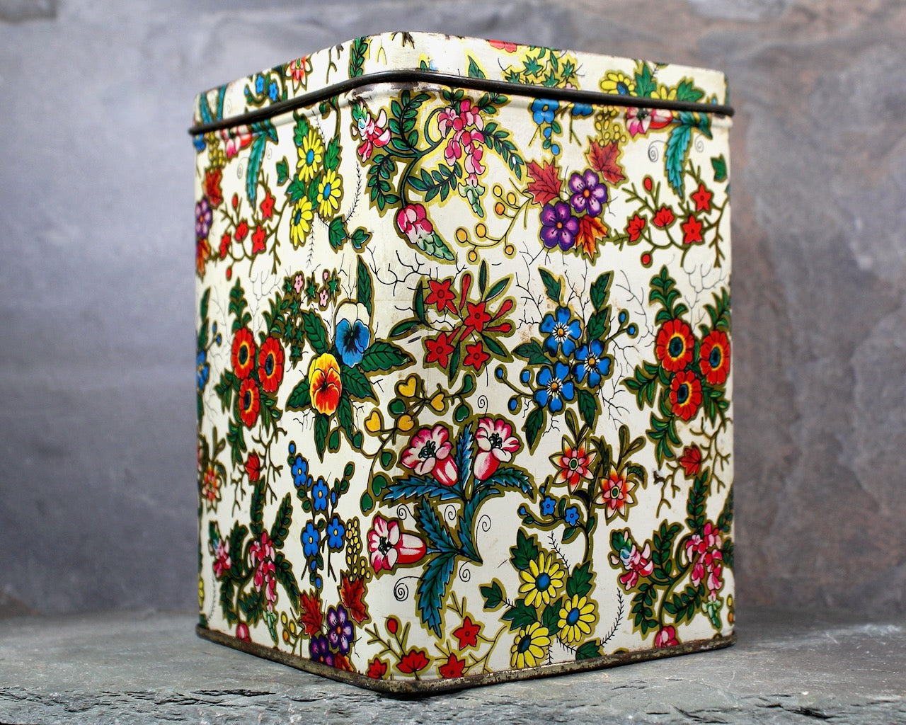 Vintage Floral Tin | Cottagecore Antique Storage Tin | Hong Kong Floral Tin Box | Rustic Decor | Bixley Shop