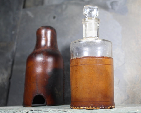 Antique Leather Sheathed Apothecary Bottle with Glass Stopper | Leather Covered Bottle | Glass Stopper Bottle | Bixley Shop