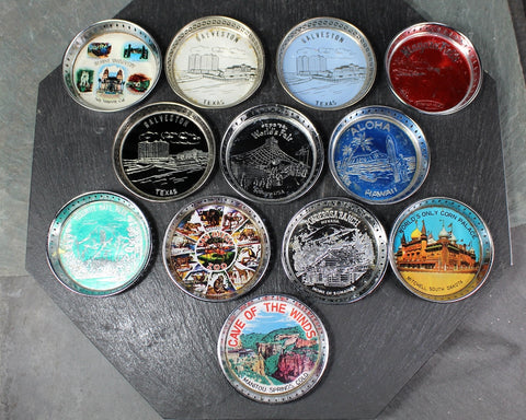 Set of 12 Vintage Metal Souvenir Coasters | Texas, Nevada, California, Colorado, South Dakota, Hawaii, Yosemite & More | Bixley Shop