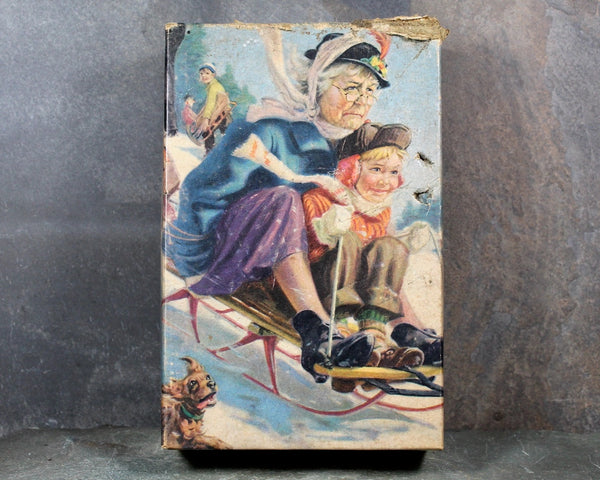 Vintage Tripl-Thick Interlocking Tuco Puzzle Miniature | Sledding Granny | 30 Piece Thick Cardboard Puzzle | 7"x5 1/4" | Bixley Shop