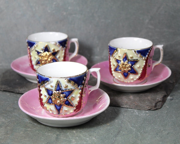 German Pink Molded Pink Lustreware Cups & Saucers Set of 3 | Ornate Star of David Flower Antique Gold Pink Lusterware | Bixley Shop
