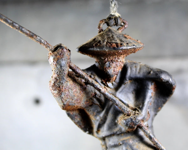 Antique Cast Iron Figure | Asian Fisherman with Pole | Fisherman on Wooden Plank | Distressed Cast Iron Hanging Figurine