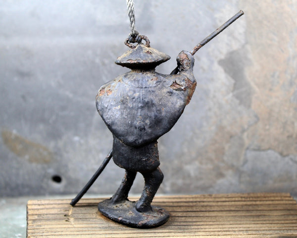 Antique Cast Iron Figure | Asian Fisherman with Pole | Fisherman on Wooden Plank | Distressed Cast Iron Hanging Figurine
