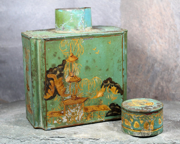 Antique Chinese Tea Tin | Green and Gold Tin with Cap | Vintage Tin | Bixley Shop