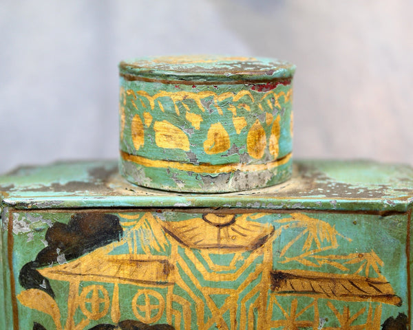 Antique Chinese Tea Tin | Green and Gold Tin with Cap | Vintage Tin | Bixley Shop