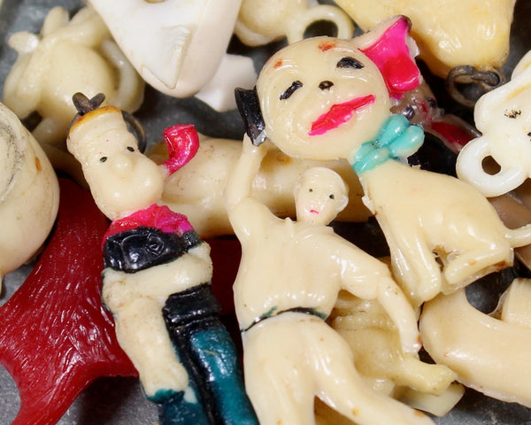 Vintage Celluloid Cracker Jack Charms | Colorful Plastic Charms with Metal Loops | Pegasus, Rooster, Mickey Mouse, Gargoyle, & Song Bird