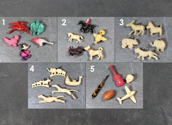 Vintage Celluloid Cracker Jack Charms | Colorful Plastic Charms with Metal Loops | Pegasus, Rooster, Mickey Mouse, Gargoyle, & Song Bird