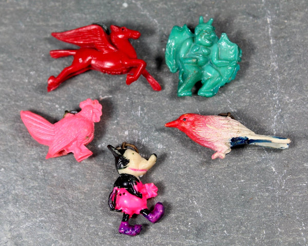 Vintage Celluloid Cracker Jack Charms | Colorful Plastic Charms with Metal Loops | Pegasus, Rooster, Mickey Mouse, Gargoyle, & Song Bird