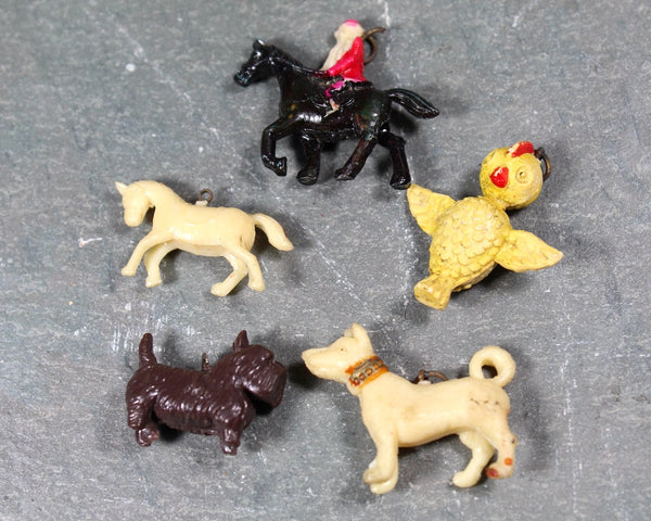 Vintage Celluloid Cracker Jack Charms | Colorful Plastic Charms with Metal Loops | Pegasus, Rooster, Mickey Mouse, Gargoyle, & Song Bird