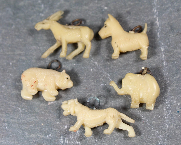 Vintage Celluloid Cracker Jack Charms | Colorful Plastic Charms with Metal Loops | Pegasus, Rooster, Mickey Mouse, Gargoyle, & Song Bird