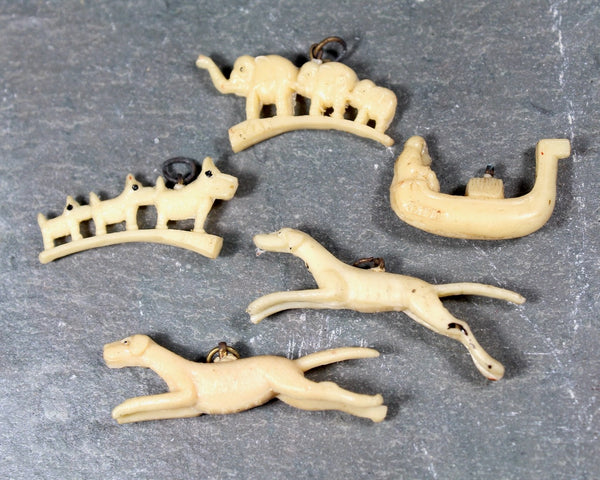 Vintage Celluloid Cracker Jack Charms | Colorful Plastic Charms with Metal Loops | Pegasus, Rooster, Mickey Mouse, Gargoyle, & Song Bird