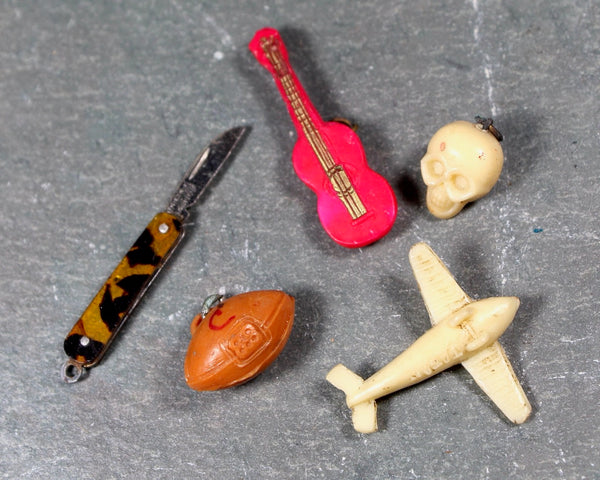 Vintage Celluloid Cracker Jack Charms | Colorful Plastic Charms with Metal Loops | Pegasus, Rooster, Mickey Mouse, Gargoyle, & Song Bird