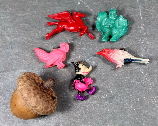 Vintage Celluloid Cracker Jack Charms | Colorful Plastic Charms with Metal Loops | Pegasus, Rooster, Mickey Mouse, Gargoyle, & Song Bird