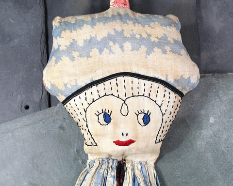 Antique Hand Sewn Flapper Girl Doll Shopping Bag Holder | 40" Long Cloth Bag Holder | Bixley Shop