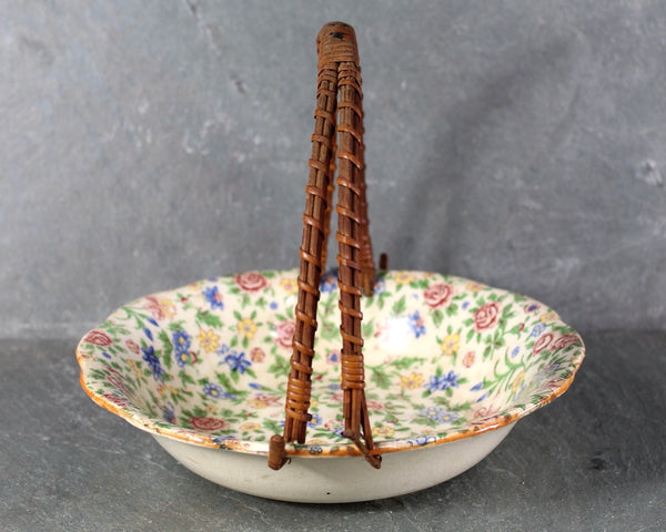 Antique Japanese Ceramic Bowl with Rattan Handle | Floral Porcelain Bowl with Wicker Handle | Bixley Shop