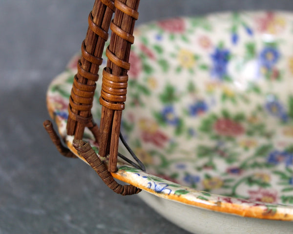 Antique Japanese Ceramic Bowl with Rattan Handle | Floral Porcelain Bowl with Wicker Handle | Bixley Shop