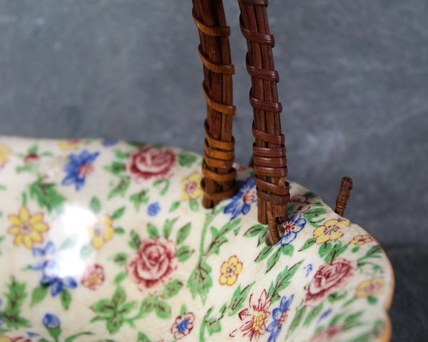 Antique Japanese Ceramic Bowl with Rattan Handle | Floral Porcelain Bowl with Wicker Handle | Bixley Shop