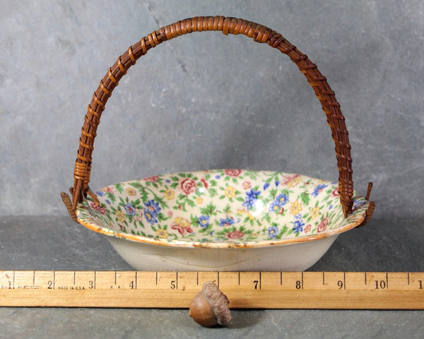 Antique Japanese Ceramic Bowl with Rattan Handle | Floral Porcelain Bowl with Wicker Handle | Bixley Shop
