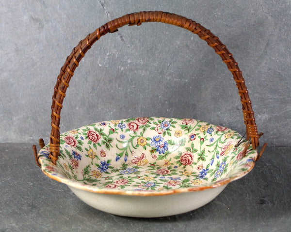 Antique Japanese Ceramic Bowl with Rattan Handle | Floral Porcelain Bowl with Wicker Handle | Bixley Shop