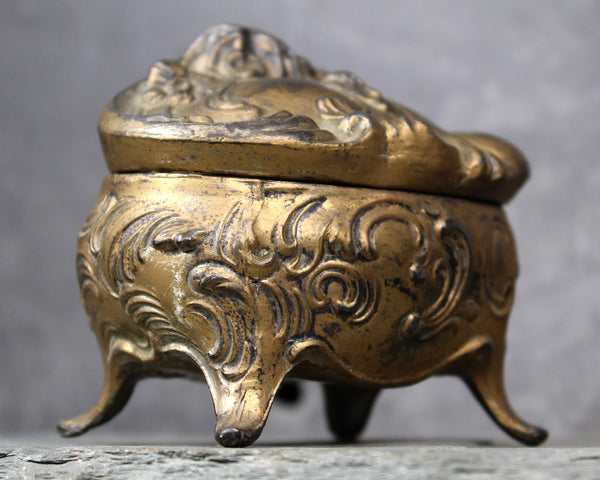Jennings Brothers Floral Casket Jewelry Box | Gold Gilt Footed Art Nouveau Ornate Small Jewelry Box | Jennings Brothers 1123 Ring Box