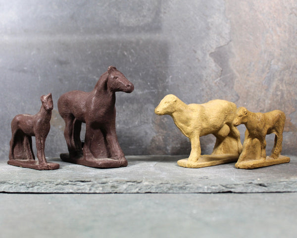 Set of 4 Antique Rubber Animal Toys | Horses and Cows | Vintage Toy Figures