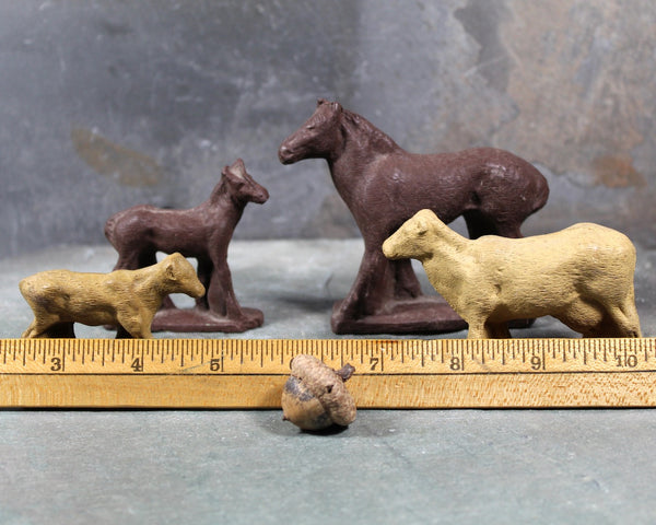 Set of 4 Antique Rubber Animal Toys | Horses and Cows | Vintage Toy Figures