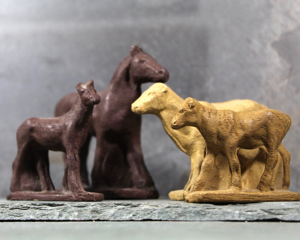 Set of 4 Antique Rubber Animal Toys | Horses and Cows | Vintage Toy Figures