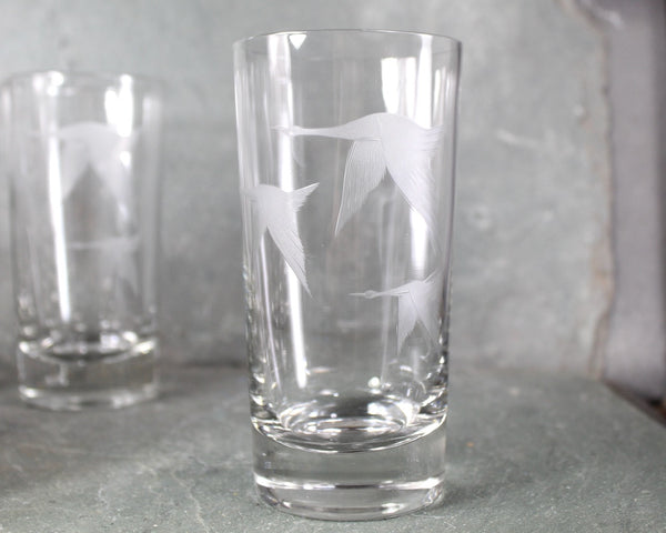 Set of 9 Mid-Century Tom Collins Glasses | Etched Geese in Flight | Mid-Century circa 1960s | 8 Oz Glasses | Bixley Shop