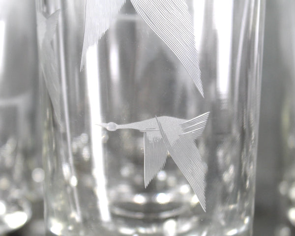 Set of 9 Mid-Century Tom Collins Glasses | Etched Geese in Flight | Mid-Century circa 1960s | 8 Oz Glasses | Bixley Shop