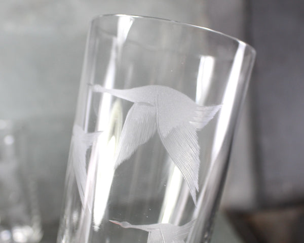 Set of 9 Mid-Century Tom Collins Glasses | Etched Geese in Flight | Mid-Century circa 1960s | 8 Oz Glasses | Bixley Shop