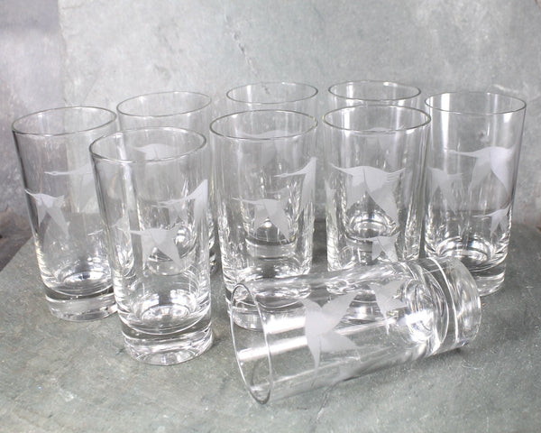 Set of 9 Mid-Century Tom Collins Glasses | Etched Geese in Flight | Mid-Century circa 1960s | 8 Oz Glasses | Bixley Shop