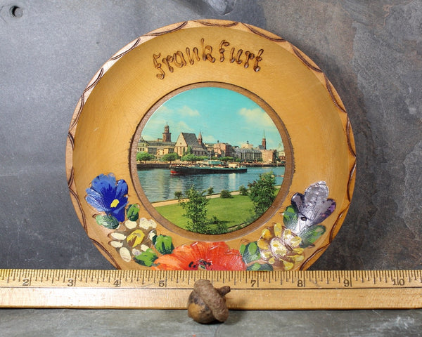 Vintage Wooden Frankfurt Hanging Plate | 1960s Hand Painted Wood Burned Small Plate | Bixley Shop