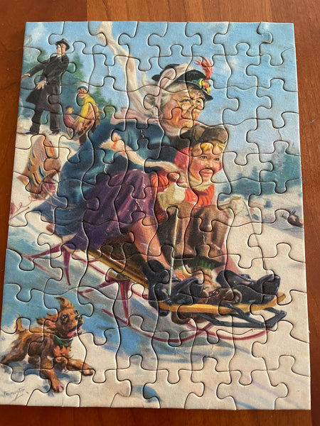 Vintage Tripl-Thick Interlocking Tuco Puzzle Miniature | Sledding Granny | 30 Piece Thick Cardboard Puzzle | 7"x5 1/4" | Bixley Shop